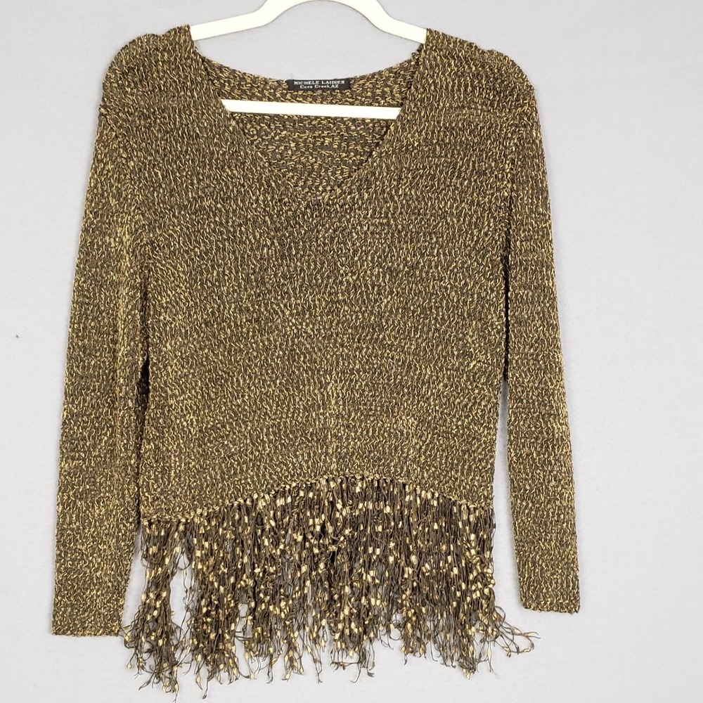 Fringe Trim Pullover‎ Sweater Tan Black Funky Glamoratti Tassel Statement Size M
